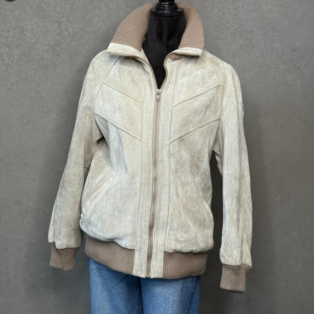 Vintage 70s 80s Cream Suede Leather Bomber Jacket EU 42 Fur Lined Ribbed Trim